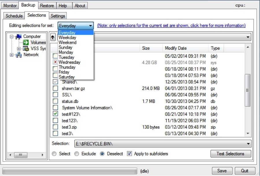screenshot of backup client interface
