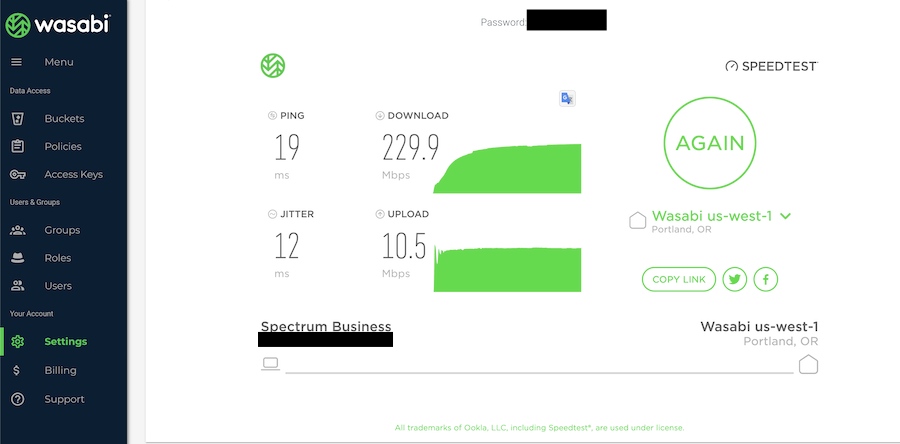 speed test for backup service from wasabi